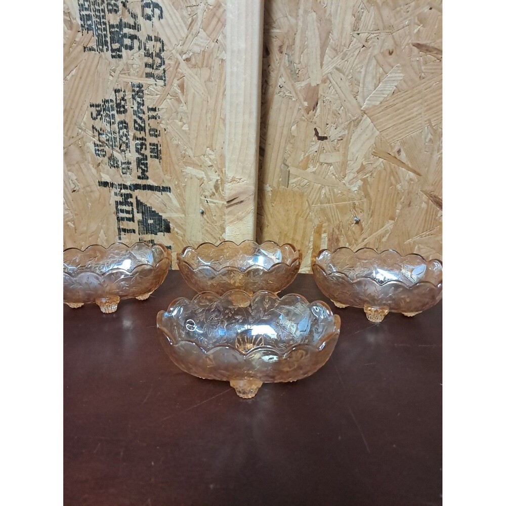 Vintage Jeannette Glass Floragold Louisa Pattern Small Oval 4-Footed Bowl EUC